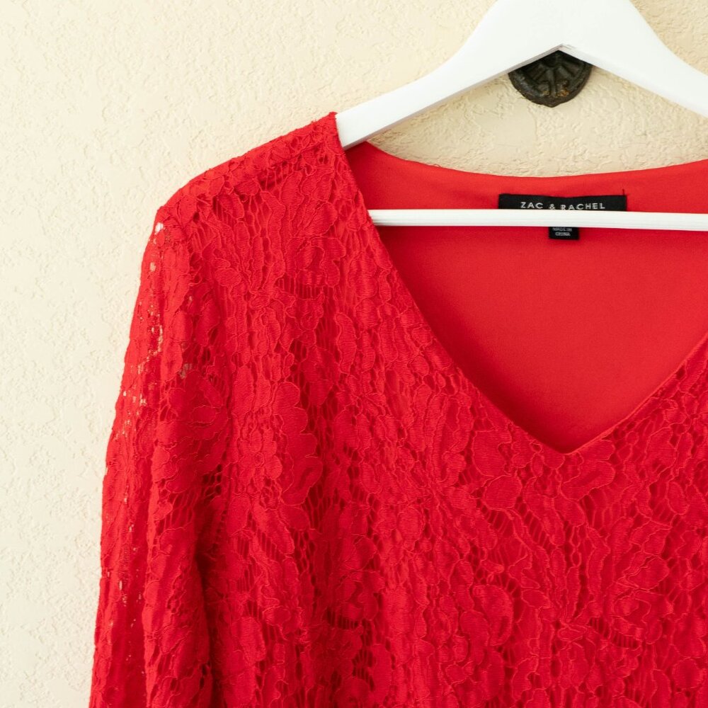 Zac & Rachel Red Lace Top Large V Neck Floral Lace Blouse Lined 3/4 Sleeve - Picture 3 of 13